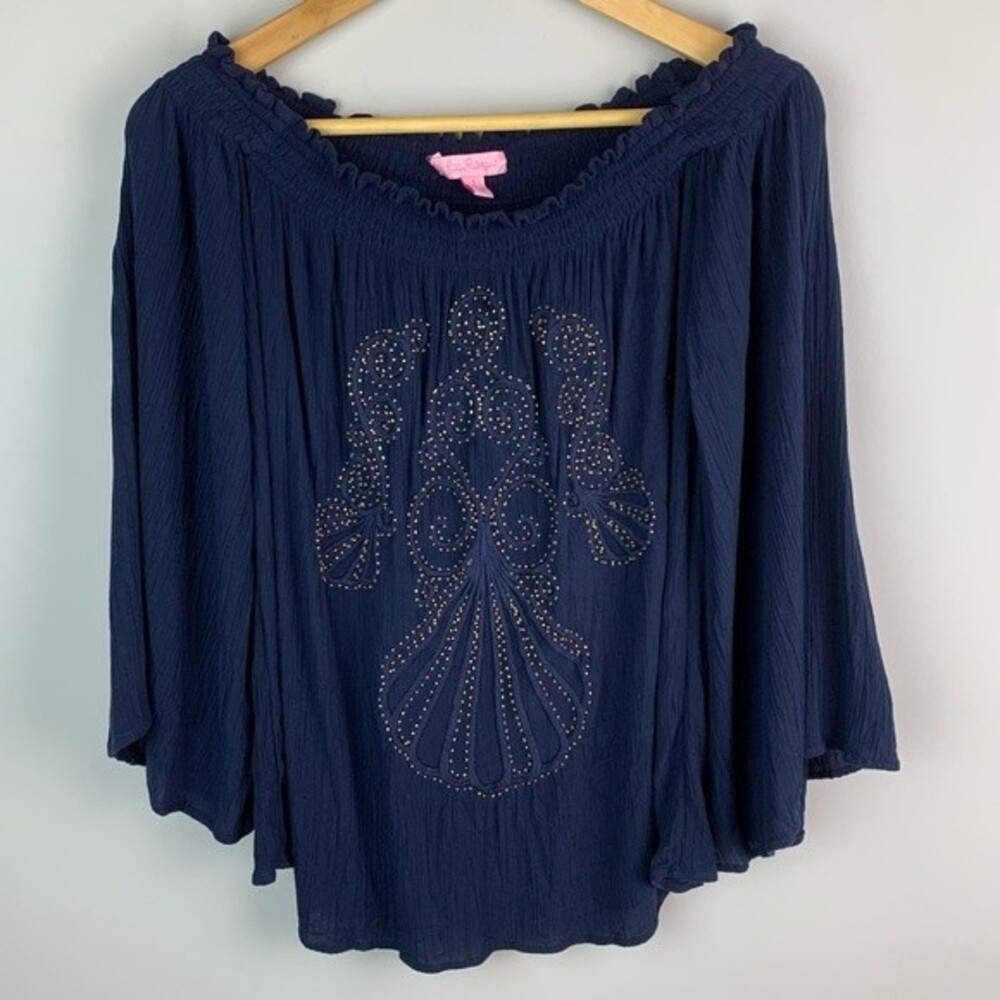 Lilly Pulitzer women’s Nita off the shoulder top in true navy size small